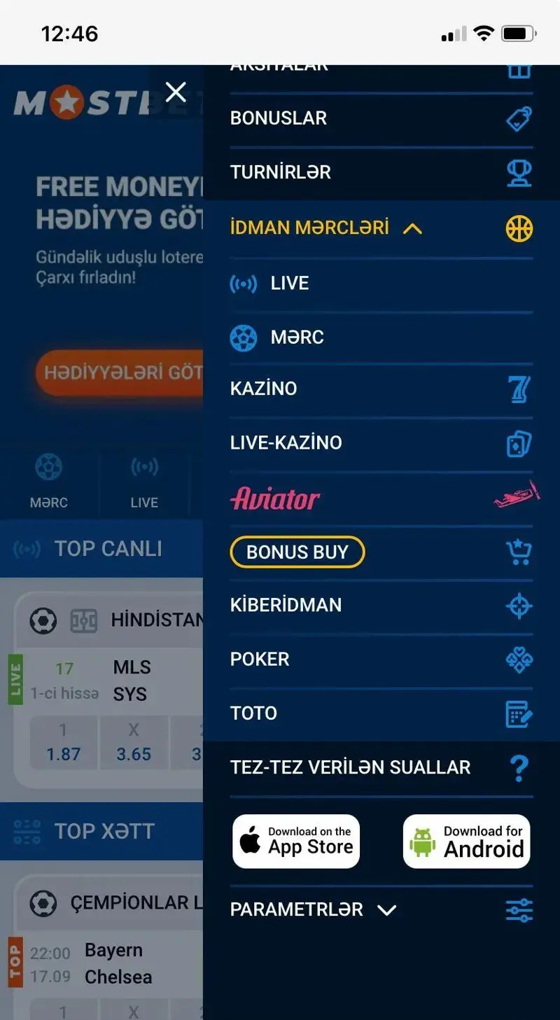 Mobil tətbiqin menyusu və bölmələri